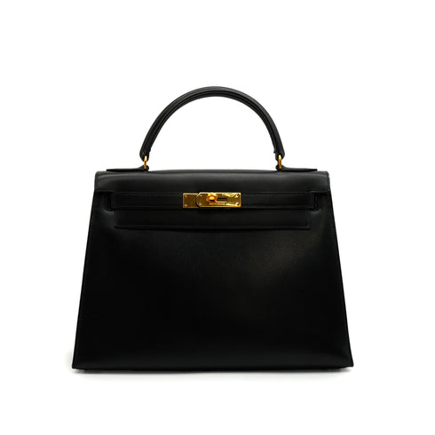 HERMES KELLY 28 SELLIER BLACK BOX CALF HAND BAG 1978 CIRCLE H GOLD HARDWARE 90341424