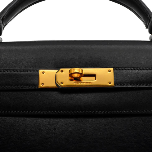 HERMES KELLY 28 SELLIER BLACK BOX CALF HAND BAG 1978 CIRCLE H GOLD HARDWARE 90341424