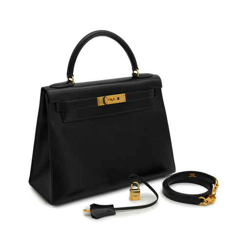 HERMES KELLY 28 SELLIER BLACK BOX CALF HAND SHOULDER BAG 1991 CIRCLE U GOLD HARDWARE 90346863