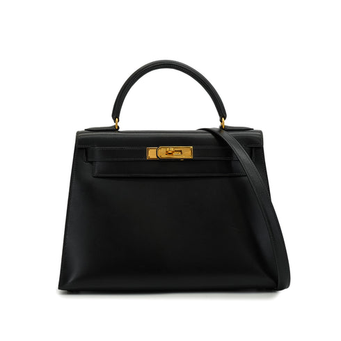 HERMES KELLY 28 SELLIER BLACK BOX CALF HAND SHOULDER BAG 1991 CIRCLE U GOLD HARDWARE 90346863