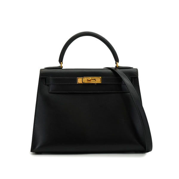 HERMES KELLY 28 SELLIER BLACK BOX CALF HAND SHOULDER BAG 1991 CIRCLE U GOLD HARDWARE 90346863