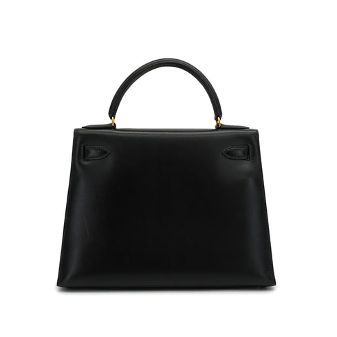 HERMES KELLY 28 SELLIER BLACK BOX CALF HAND SHOULDER BAG 1991 CIRCLE U GOLD HARDWARE 90346863