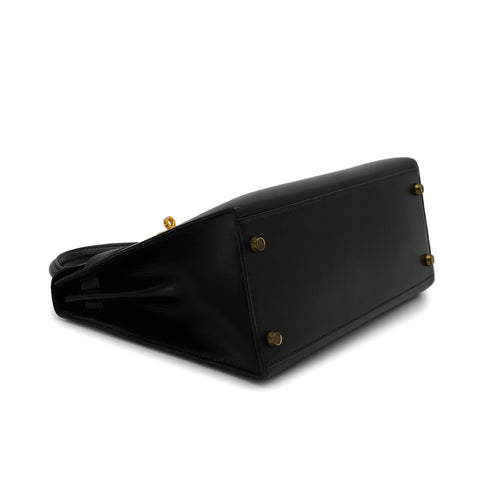 HERMES KELLY 28 SELLIER BLACK BOX CALF HAND SHOULDER BAG 1991 CIRCLE U GOLD HARDWARE 90346863