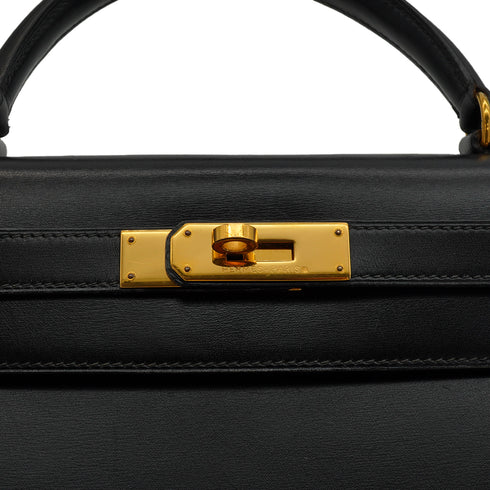 HERMES KELLY 28 SELLIER BLACK BOX CALF HAND SHOULDER BAG 1991 CIRCLE U GOLD HARDWARE 90346863