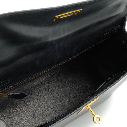 HERMES KELLY 28 SELLIER BLACK BOX CALF HAND SHOULDER BAG 1991 CIRCLE U GOLD HARDWARE 90346863