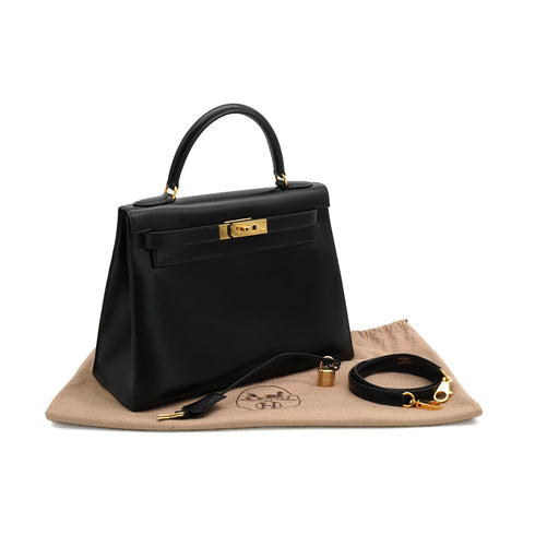 HERMES KELLY 28 SELLIER BLACK BOX CALF HAND SHOULDER BAG 1993 CIRCLE W GOLD HARDWARE 90340467