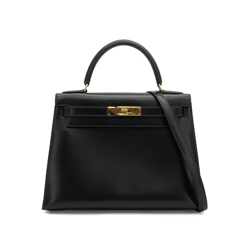 HERMES KELLY 28 SELLIER BLACK BOX CALF HAND SHOULDER BAG 1993 CIRCLE W GOLD HARDWARE 90340467