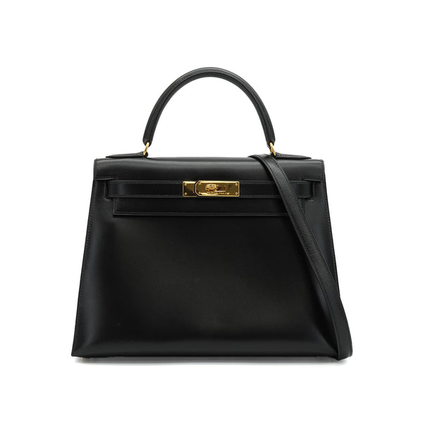HERMES KELLY 28 SELLIER BLACK BOX CALF HAND SHOULDER BAG 1993 CIRCLE W GOLD HARDWARE 90340467