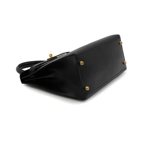 HERMES KELLY 28 SELLIER BLACK BOX CALF HAND SHOULDER BAG 1993 CIRCLE W GOLD HARDWARE 90340467