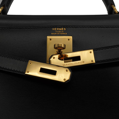 HERMES KELLY 28 SELLIER BLACK BOX CALF HAND SHOULDER BAG 1993 CIRCLE W GOLD HARDWARE 90340467