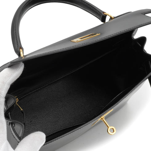 HERMES KELLY 28 SELLIER BLACK BOX CALF HAND SHOULDER BAG 1993 CIRCLE W GOLD HARDWARE 90340467