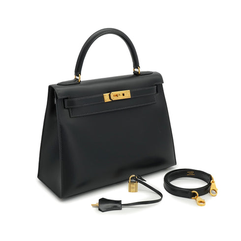HERMES KELLY 28 SELLIER BLACK BOX CALF HAND SHOULDER BAG 1994 CIRCLE X GOLD HARDWARE 90335149