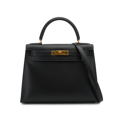 HERMES KELLY 28 SELLIER BLACK BOX CALF HAND SHOULDER BAG 1994 CIRCLE X GOLD HARDWARE 90335149