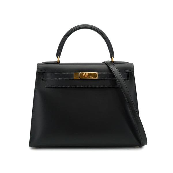 HERMES KELLY 28 SELLIER BLACK BOX CALF HAND SHOULDER BAG 1994 CIRCLE X GOLD HARDWARE 90335149