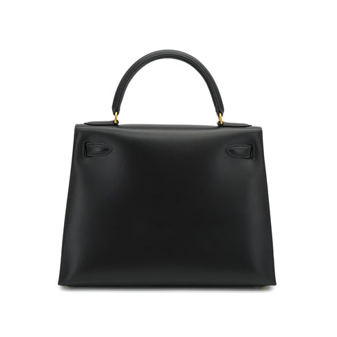 HERMES KELLY 28 SELLIER BLACK BOX CALF HAND SHOULDER BAG 1994 CIRCLE X GOLD HARDWARE 90335149