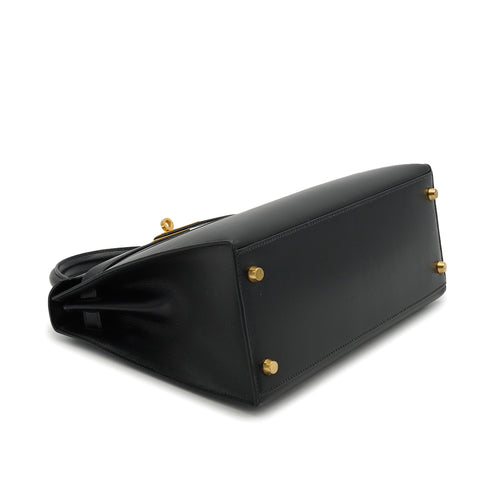 HERMES KELLY 28 SELLIER BLACK BOX CALF HAND SHOULDER BAG 1994 CIRCLE X GOLD HARDWARE 90335149