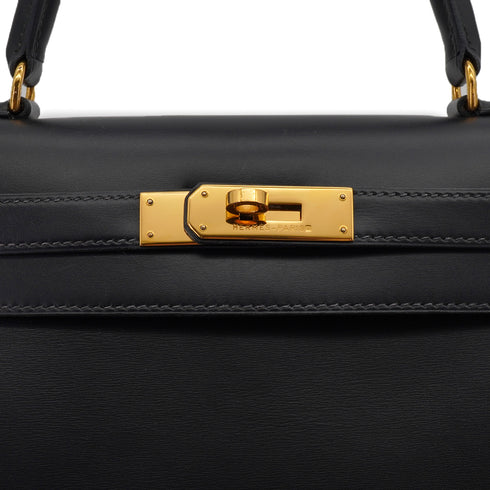 HERMES KELLY 28 SELLIER BLACK BOX CALF HAND SHOULDER BAG 1994 CIRCLE X GOLD HARDWARE 90335149