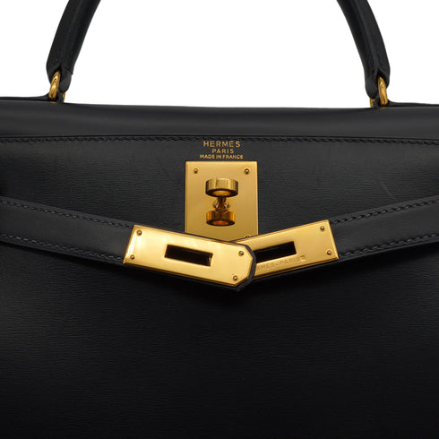 HERMES KELLY 28 SELLIER BLACK BOX CALF HAND SHOULDER BAG 1994 CIRCLE X GOLD HARDWARE 90335149