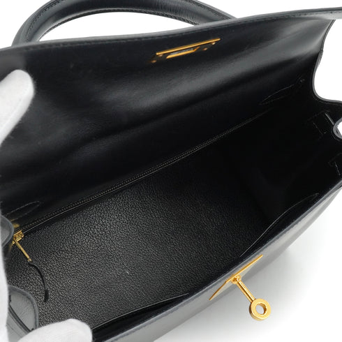 HERMES KELLY 28 SELLIER BLACK BOX CALF HAND SHOULDER BAG 1994 CIRCLE X GOLD HARDWARE 90335149