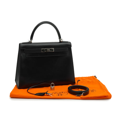 HERMES KELLY 28 SELLIER BLACK BOX CALF HAND SHOULDER BAG 1998 SQUARE B SILVER HARDWARE 90338300
