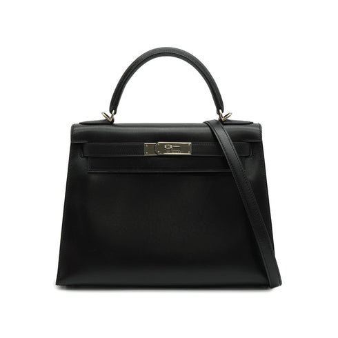 HERMES KELLY 28 SELLIER BLACK BOX CALF HAND SHOULDER BAG 1998 SQUARE B SILVER HARDWARE 90338300