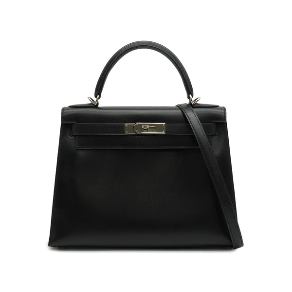 HERMES KELLY 28 SELLIER BLACK BOX CALF HAND SHOULDER BAG 1998 SQUARE B SILVER HARDWARE 90338300