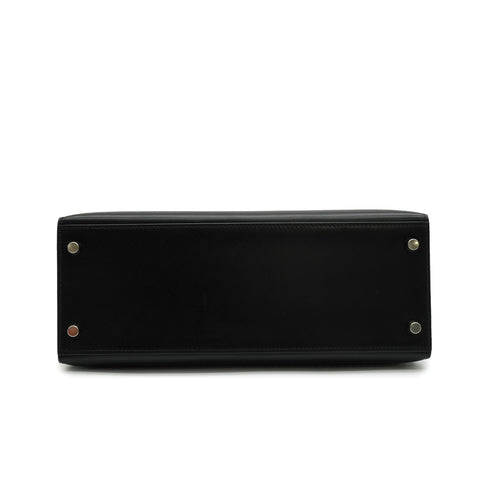 HERMES KELLY 28 SELLIER BLACK BOX CALF HAND SHOULDER BAG 1998 SQUARE B SILVER HARDWARE 90338300