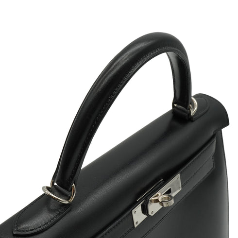 HERMES KELLY 28 SELLIER BLACK BOX CALF HAND SHOULDER BAG 1998 SQUARE B SILVER HARDWARE 90338300
