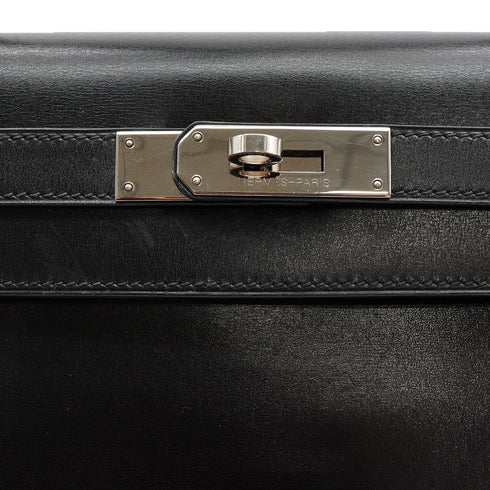 HERMES KELLY 28 SELLIER BLACK BOX CALF HAND SHOULDER BAG 1998 SQUARE B SILVER HARDWARE 90338300