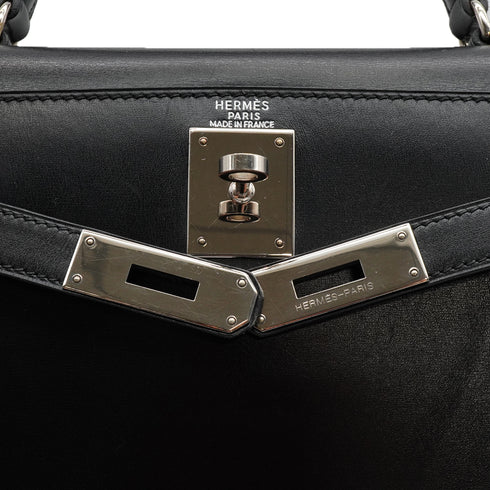 HERMES KELLY 28 SELLIER BLACK BOX CALF HAND SHOULDER BAG 1998 SQUARE B SILVER HARDWARE 90338300