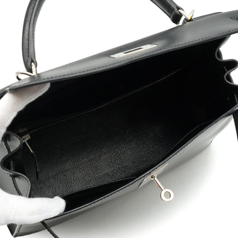 HERMES KELLY 28 SELLIER BLACK BOX CALF HAND SHOULDER BAG 1998 SQUARE B SILVER HARDWARE 90338300