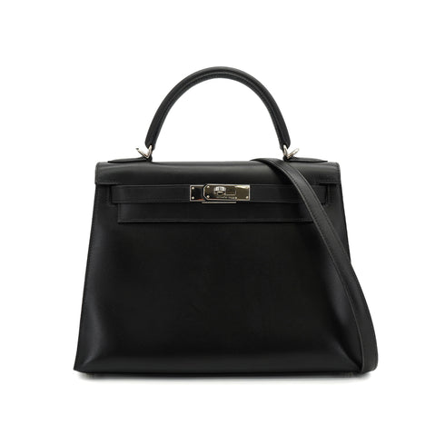 HERMES KELLY 28 SELLIER BLACK BOX CALF HAND SHOULDER BAG 2000 SQUARE D PALLADIUM HARDWARE 90334274