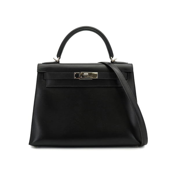 HERMES KELLY 28 SELLIER BLACK BOX CALF HAND SHOULDER BAG 2000 SQUARE D PALLADIUM HARDWARE 90334274