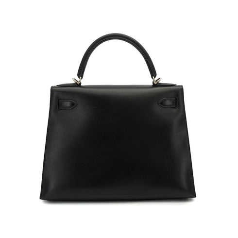 HERMES KELLY 28 SELLIER BLACK BOX CALF HAND SHOULDER BAG 2000 SQUARE D PALLADIUM HARDWARE 90334274