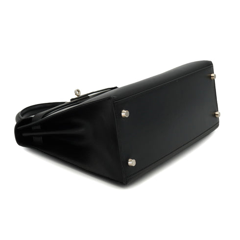 HERMES KELLY 28 SELLIER BLACK BOX CALF HAND SHOULDER BAG 2000 SQUARE D PALLADIUM HARDWARE 90334274