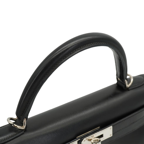 HERMES KELLY 28 SELLIER BLACK BOX CALF HAND SHOULDER BAG 2000 SQUARE D PALLADIUM HARDWARE 90334274