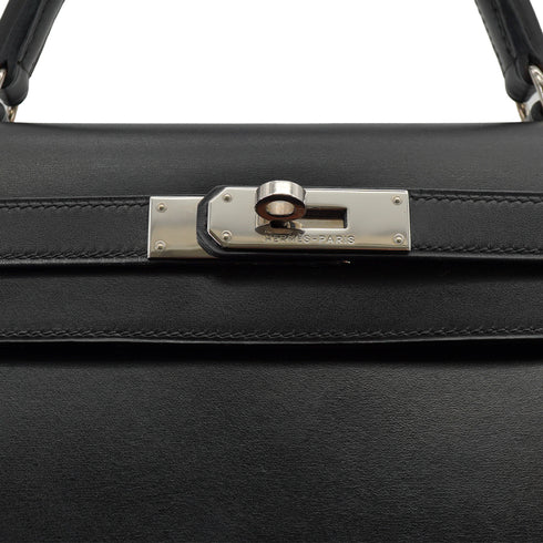 HERMES KELLY 28 SELLIER BLACK BOX CALF HAND SHOULDER BAG 2000 SQUARE D PALLADIUM HARDWARE 90334274