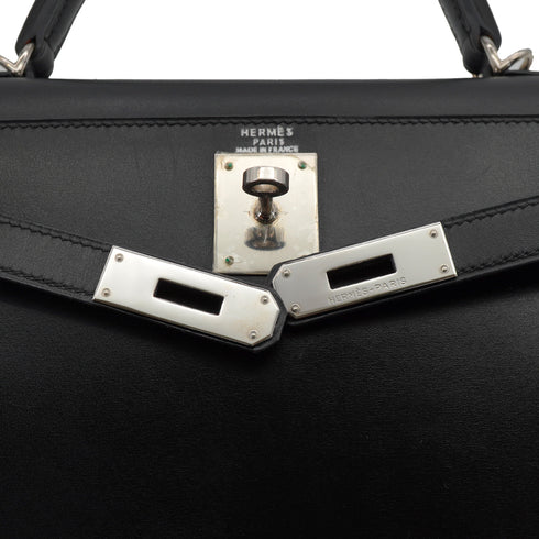 HERMES KELLY 28 SELLIER BLACK BOX CALF HAND SHOULDER BAG 2000 SQUARE D PALLADIUM HARDWARE 90334274