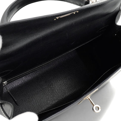 HERMES KELLY 28 SELLIER BLACK BOX CALF HAND SHOULDER BAG 2000 SQUARE D PALLADIUM HARDWARE 90334274