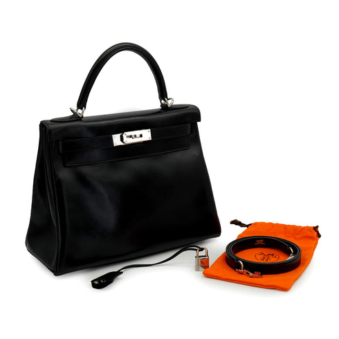 HERMES KELLY 28 SELLIER BLACK BOX CALF HAND SHOULDER BAG 2003 SQUARE G SILVER HARDWARE 90338879