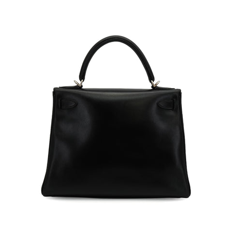 HERMES KELLY 28 SELLIER BLACK BOX CALF HAND SHOULDER BAG 2003 SQUARE G SILVER HARDWARE 90338879