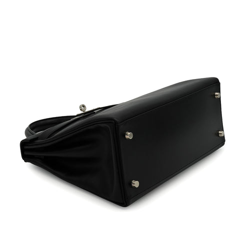 HERMES KELLY 28 SELLIER BLACK BOX CALF HAND SHOULDER BAG 2003 SQUARE G SILVER HARDWARE 90338879