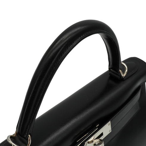 HERMES KELLY 28 SELLIER BLACK BOX CALF HAND SHOULDER BAG 2003 SQUARE G SILVER HARDWARE 90338879