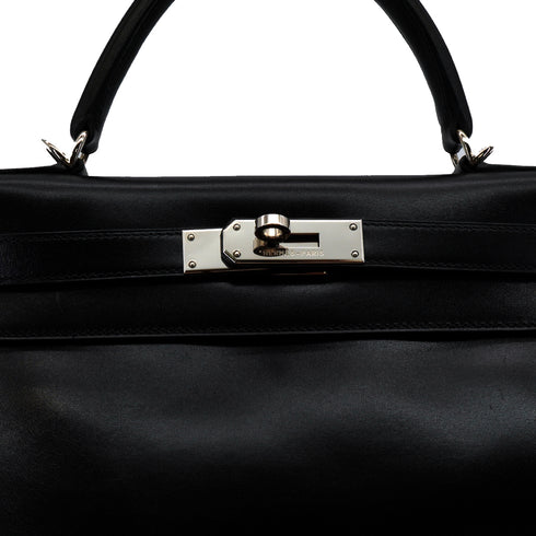 HERMES KELLY 28 SELLIER BLACK BOX CALF HAND SHOULDER BAG 2003 SQUARE G SILVER HARDWARE 90338879