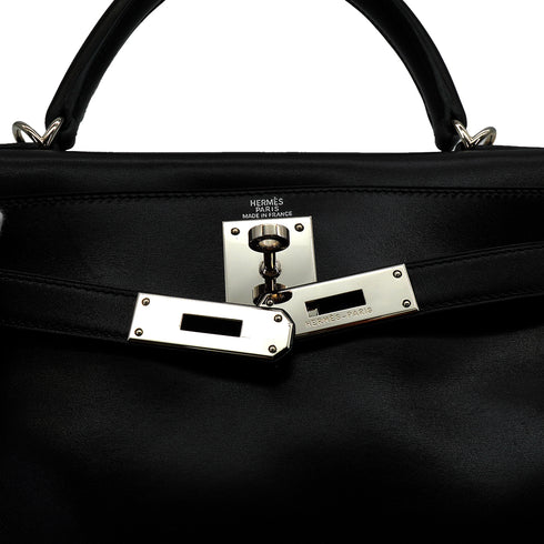 HERMES KELLY 28 SELLIER BLACK BOX CALF HAND SHOULDER BAG 2003 SQUARE G SILVER HARDWARE 90338879