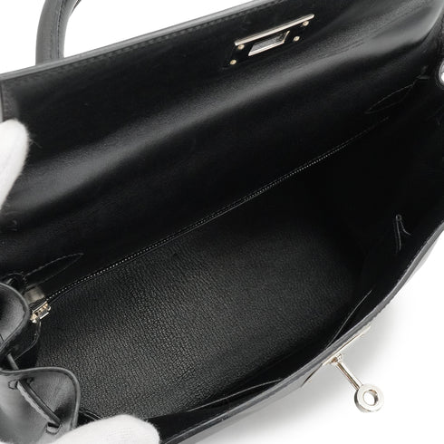 HERMES KELLY 28 SELLIER BLACK BOX CALF HAND SHOULDER BAG 2003 SQUARE G SILVER HARDWARE 90338879