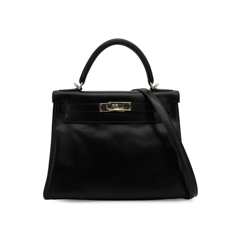 HERMES KELLY 28 SELLIER BLACK BOX CALF HAND SHOULDER BAG 2003 SQUARE G SILVER HARDWARE 90338879