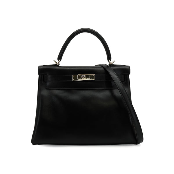 HERMES KELLY 28 BLACK BOX CALF HAND SHOULDER BAG 2003 SQUARE G SILVER HARDWARE 90338879