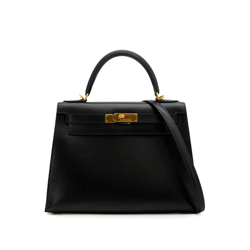 HERMES KELLY 28 SELLIER BLACK BOX CALF HAND SHOULDER BAG 2004 SQUARE H GOLD HARDWARE 90341432
