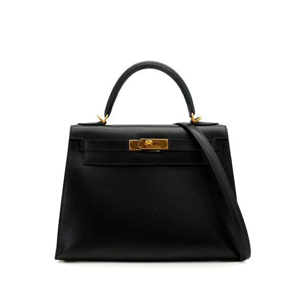 HERMES KELLY 28 SELLIER BLACK BOX CALF HAND SHOULDER BAG 2004 SQUARE H GOLD HARDWARE 90341432
